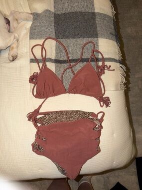 acacia swimwear Rust Ribbed Triangle Bikini with Leopard Liningo